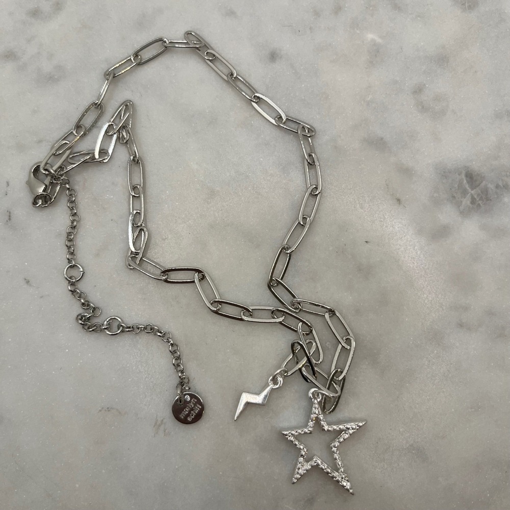 Paperclip Star Lightning Necklace Marlyn Schiff Silver Tone Bolt Charm Pave New